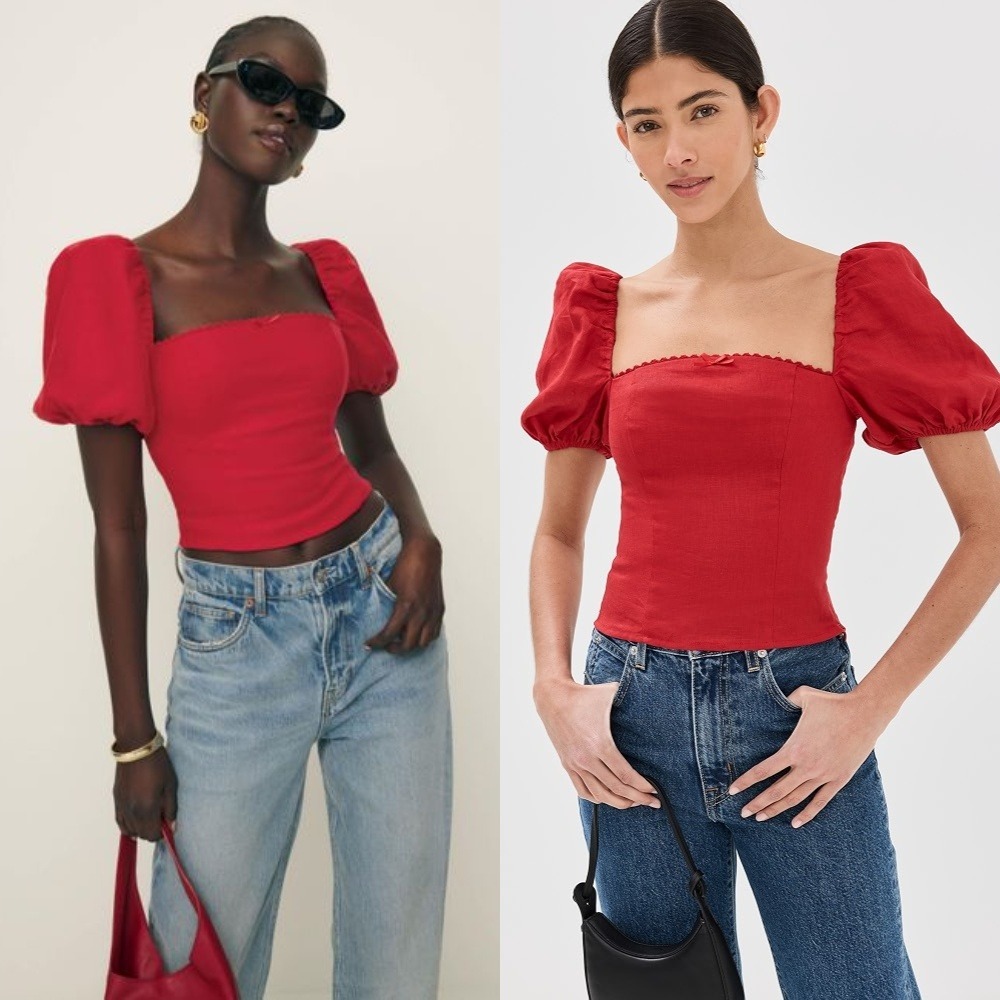 NWT Reformation Marella Linen Top 4 Lipstick Red Puff Sleeve Blouse